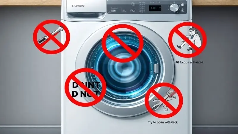 Ilustração de ações proibidas ao tentar abrir porta travada de lava e seca com símbolos de proibição.