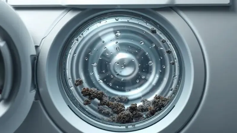 Ilustração conceitual do acúmulo de umidade e fungos na borracha de vedação da máquina de lavar