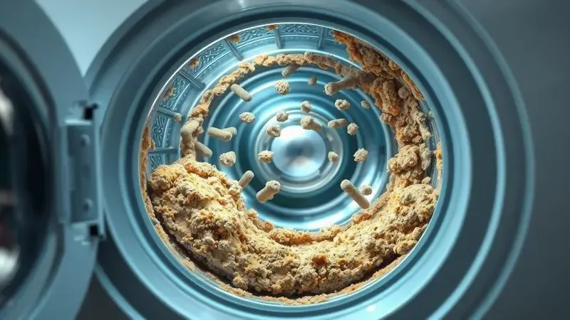 Visão ampliada em corte transversal mostrando acúmulo de bactérias e mofo dentro das vedações do tambor da máquina de lavar