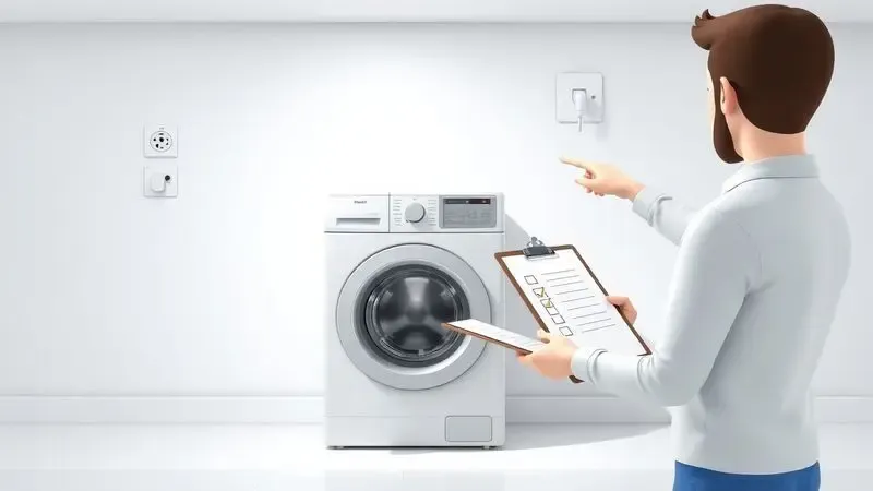 Pessoa verificando checklist de preparação para instalação de máquina de lavar em lavanderia vazia.
