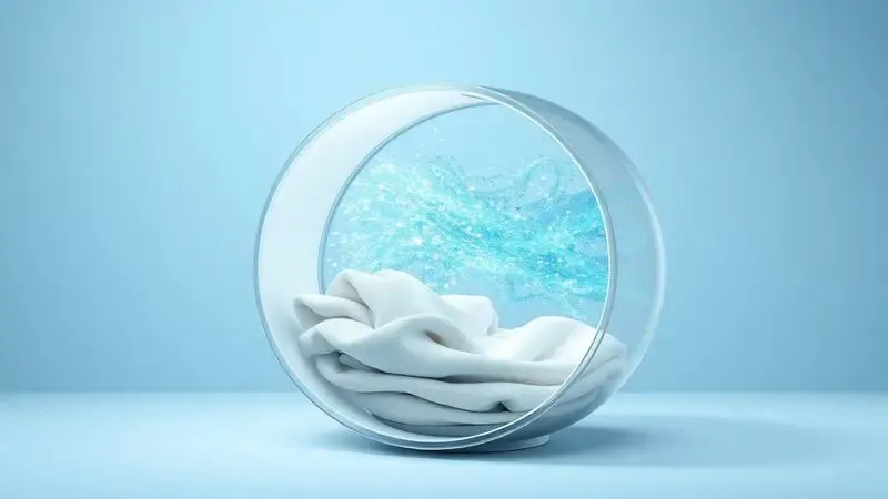 Conceito visual do ciclo Air Wash mostrando fluxo de ar através das roupas para desodorização e renovação sem uso de água