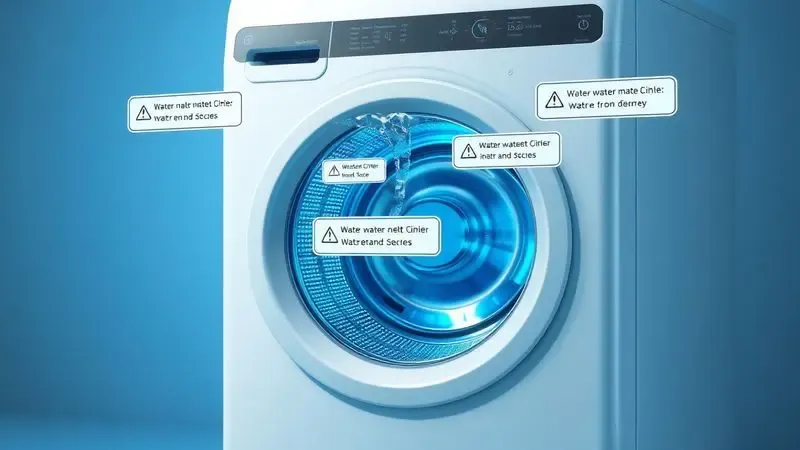 Diagrama ilustrativo de fluxo de água em máquinas de lavar com códigos de erro flutuantes, visualização conceitual