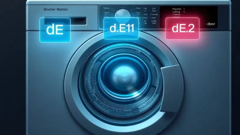 Painel de controle de lavadora mostrando códigos de erro dE, dE1, dE2 e door em representação conceitual.