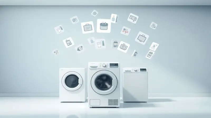 Cena conceitual ilustrando o processo de decisão na escolha de máquinas de lavar, com critérios de seleção representados de forma abstrata.