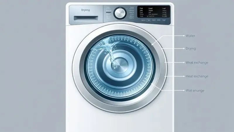 Ilustração em corte de máquina lava e seca mostrando mecanismo interno e fluxo de processo