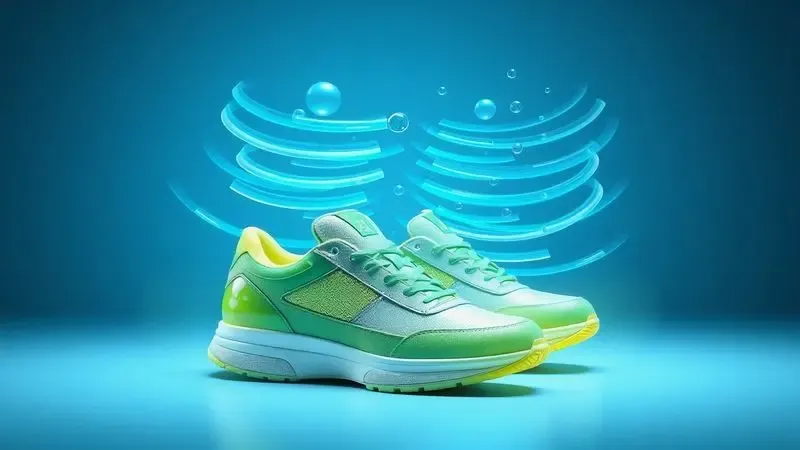 Ilustração conceitual dos métodos corretos de secagem de tênis para evitar mau cheiro e mofo