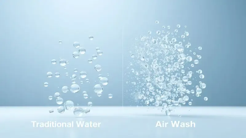 Comparação visual entre lavagem tradicional com água e sistema Air Wash que usa circulação de ar para limpeza