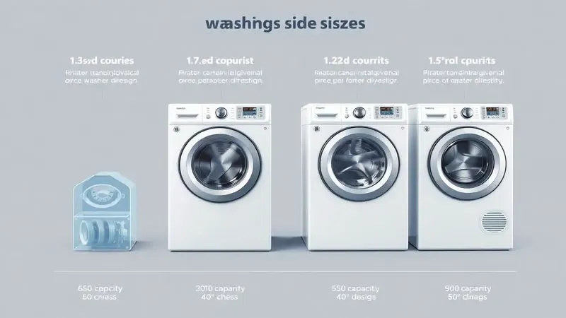 Ilustração conceitual comparativa de diferentes tamanhos e capacidades de máquinas lava e seca em estilo infográfico