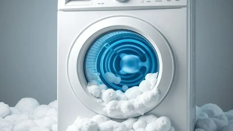 Ilustração conceitual de excesso de espuma transbordando de lavadora devido ao uso excessivo de sabão