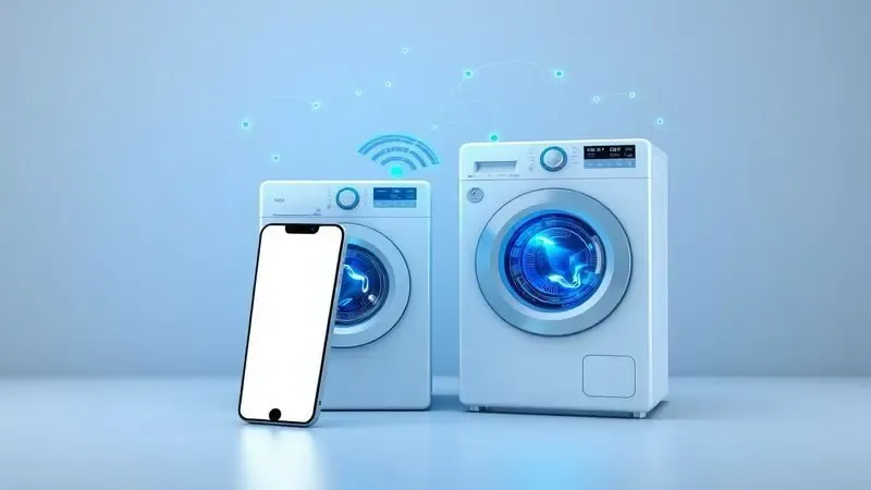 Cena conceitual de conectividade smart home entre celular e máquina de lavar com linhas digitais