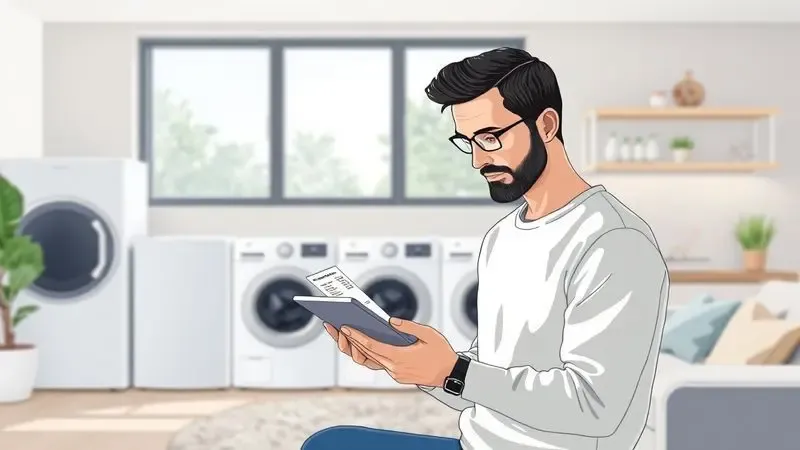 Consumidor avaliando especificações de lava e seca em ambiente doméstico moderno