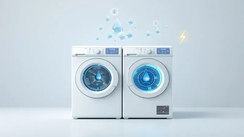 Ilustração conceitual de eficiência energética e economia de água em máquina lava e seca