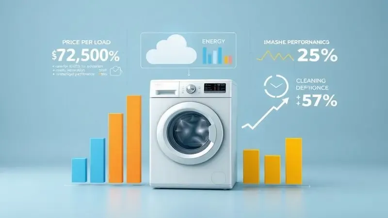 Ilustração conceitual de análise de custo-benefício do sabão para lava e seca com elementos visuais de economia.