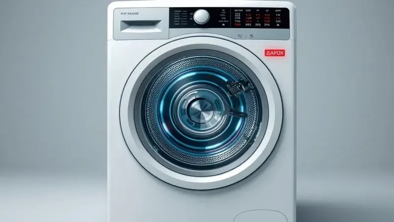 Ilustração conceitual mostrando o interior de uma máquina de lavar com componentes do motor, placa eletrônica e fiação indicando falhas técnicas