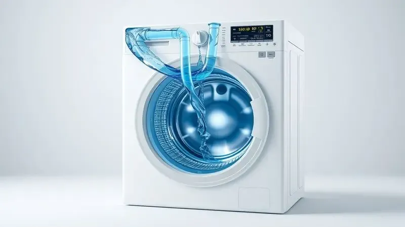 Diagrama conceitual ilustrativo das conexões hidráulicas de entrada e saída de água de uma máquina de lavar.