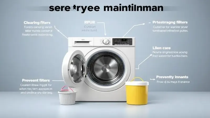 Ilustração conceitual com dicas de manutenção e cuidados para máquinas lava e seca.