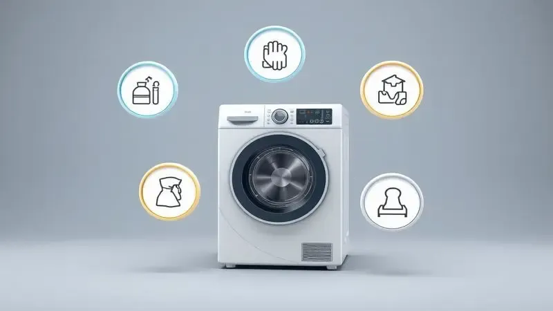 Ilustração conceitual de cinco dicas de manutenção preventiva para máquinas de lavar representadas por ícones
