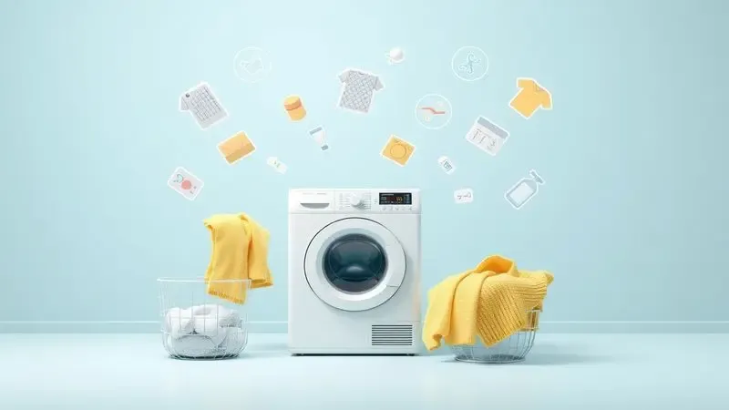 Ilustração conceitual com dicas de uso para lava e seca, organização e cuidados com as roupas