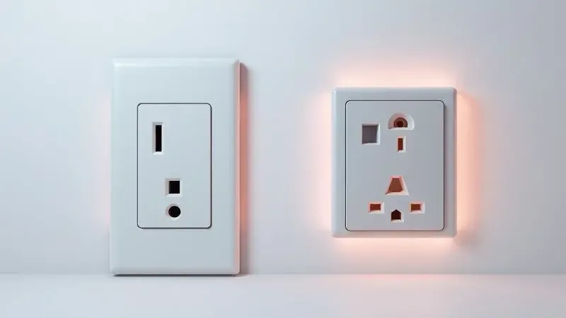 Ilustração conceitual mostrando diferenças entre tomadas 110v e 220v com linhas de energia sutis.