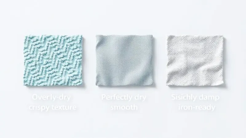 Comparação visual conceitual entre três níveis de secagem de tecidos: extra seco, ideal para guardar e pronto para passar