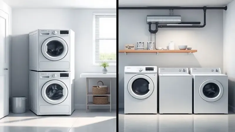 Ilustração conceitual mostrando o dilema entre lava e seca conjugada e máquinas separadas em diferentes ambientes