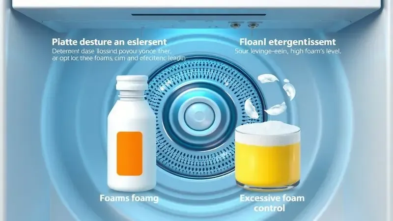 Ilustração 3D conceitual mostrando dosagem adequada de sabão para evitar excesso de espuma e transbordamento em lava e seca