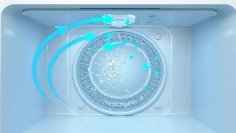 Conceito ilustrativo 3D do sistema de dutos de ar da secadora com fluxo de ar e coleta de fiapos