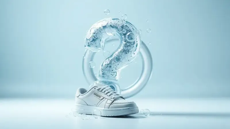 Ilustração conceitual sobre a dúvida de lavar tênis na máquina com símbolo de interrogação feito de espumas e tênis