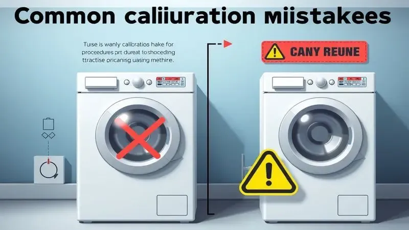 Ilustração conceitual mostrando erros comuns versus procedimentos corretos de calibração de lavadora