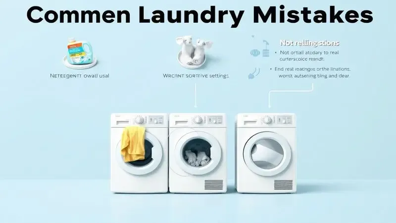 Ilustração digital mostrando conceitos de erros comuns na lavagem e secagem de roupas como superdosagem e separação inadequada