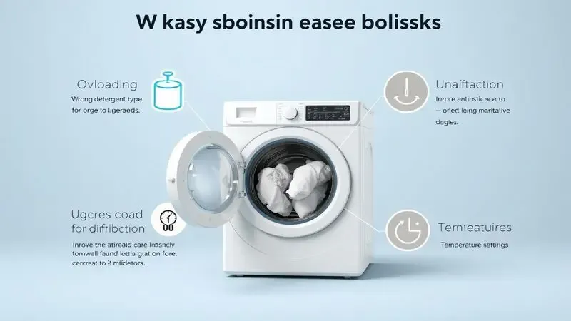 Ilustração conceitual mostrando cinco erros comuns no uso da máquina de lavar