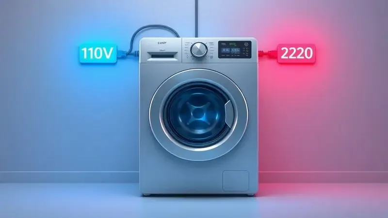 Ilustração conceitual de máquina de lavar com caminhos de energia 110v e 220v representando escolha de voltagem.