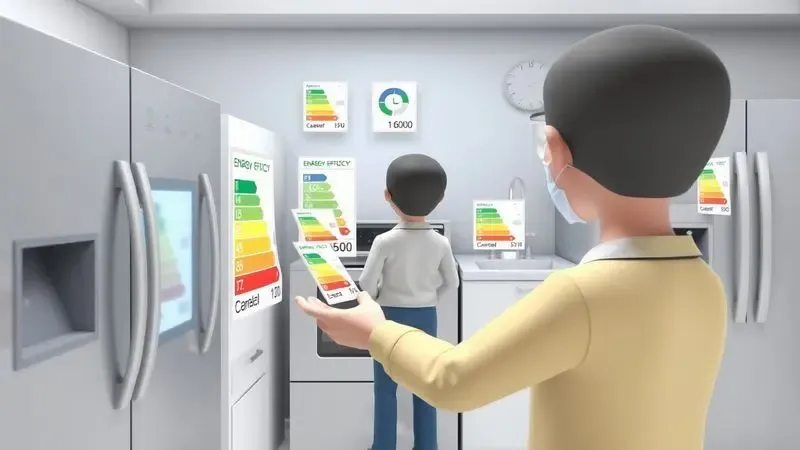 Cena conceitual de pessoa analisando eficiência energética de eletrodomésticos.