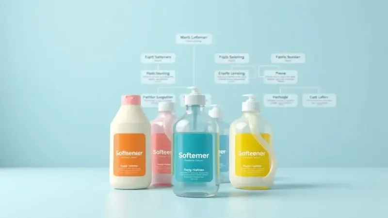 Ilustração conceitual 3D do processo de escolha de amaciantes com categorias diferentes representadas artisticamente