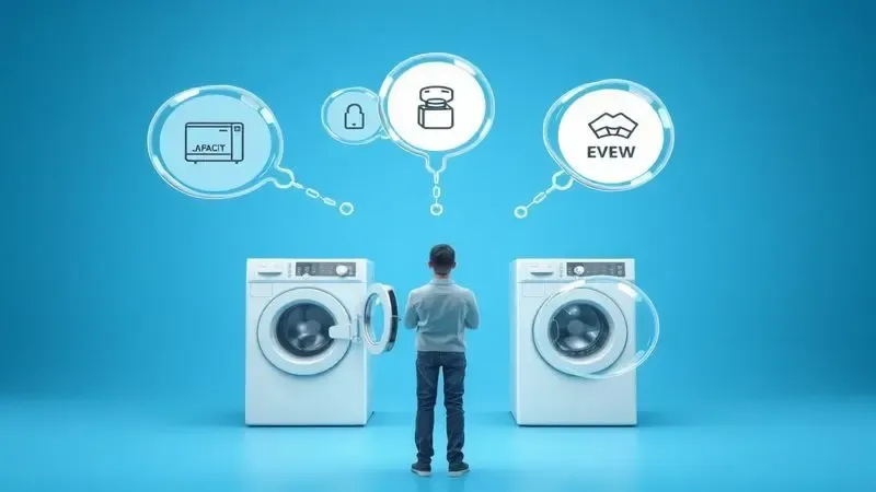 Ilustração conceitual sobre o processo de escolha da melhor máquina lava e seca com diferentes recursos