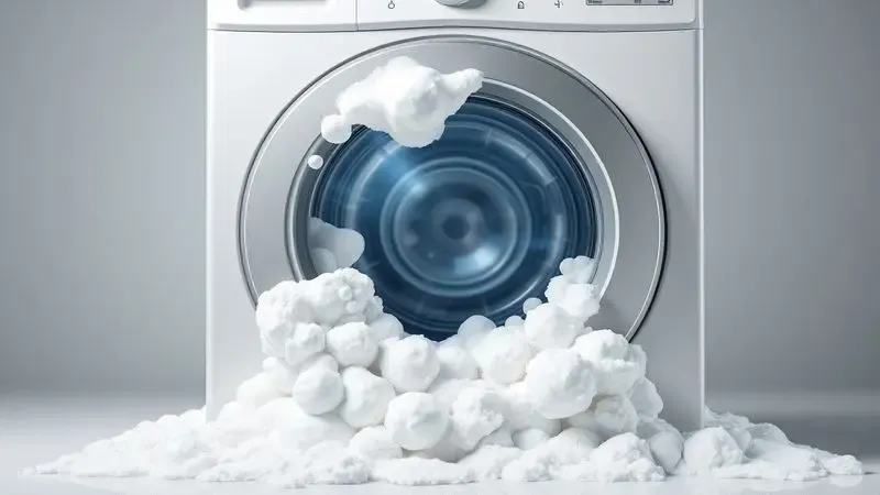 Excesso de espuma saindo da porta de lava e seca devido a uso incorreto de sabão líquido