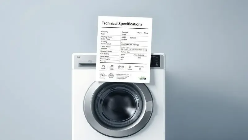 Ilustração conceitual de ficha técnica com dados de eficiência energética de lava e seca