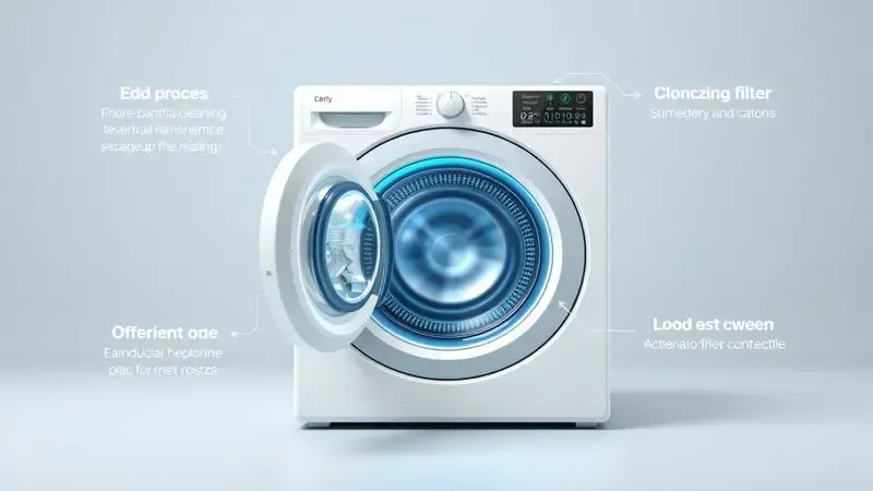 Ilustração educativa sobre limpeza do filtro de detritos em máquina de lavar