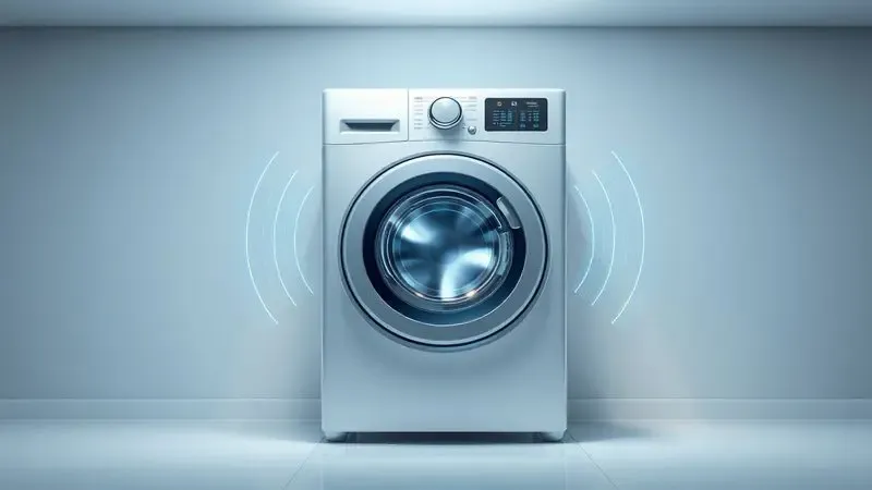 Ilustração conceitual de ambiente de lavanderia moderna com eletrodoméstico abstrato mostrando tecnologia e eficiência energética.