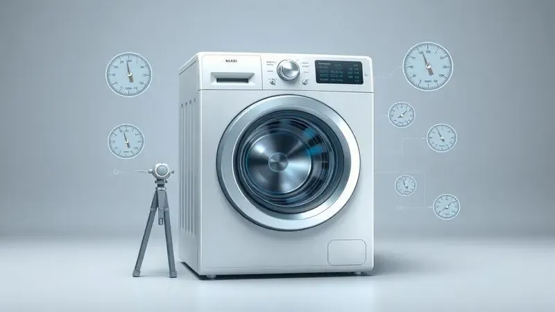 Ilustração conceitual mostrando processo técnico de calibração de máquina de lavar com ferramentas de medição