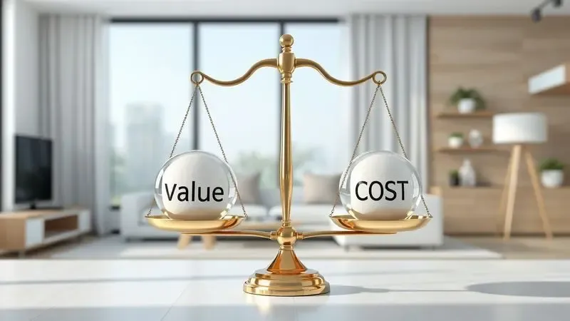 Ilustração conceitual de balança com indicadores de valor e custo representando análise custo-benefício em ambiente doméstico.