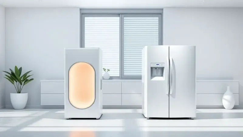 Ilustração conceitual de dois designs de eletrodomésticos modernos comparando inovação e confiabilidade em ambiente doméstico.