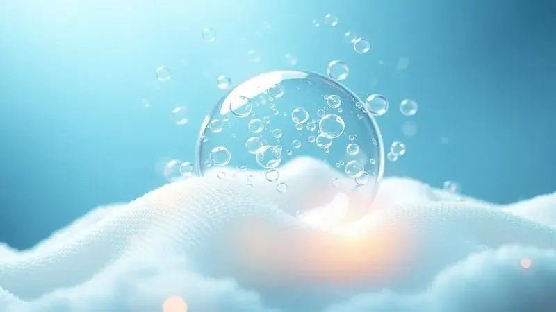Ilustração artística da tecnologia EcoBubble com bolhas de sabão penetrando tecidos