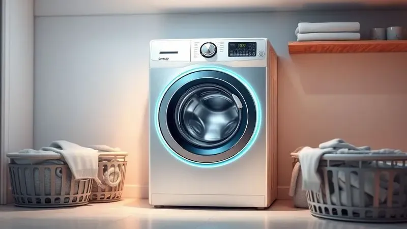 Ilustração realista de uma máquina lava e seca em um ambiente de lavanderia moderno e organizado