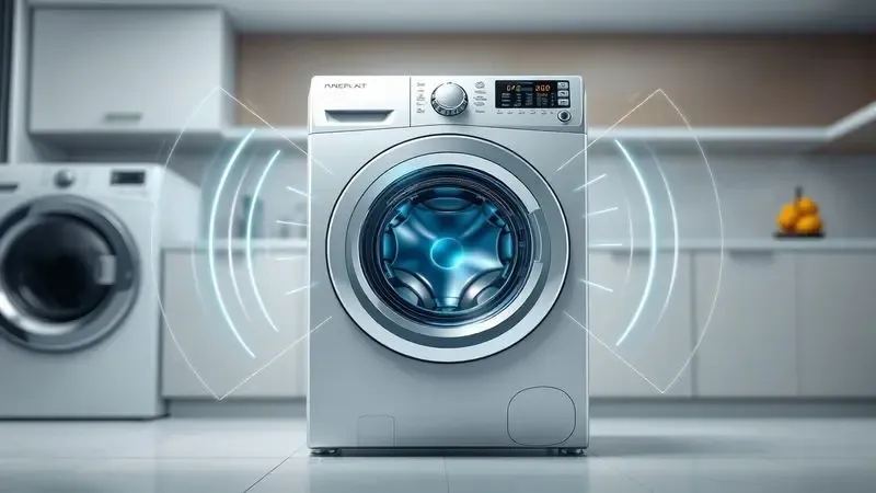 Ilustração conceitual de lavadora desbalanceada com vibração excessiva sinalizando necessidade de calibração