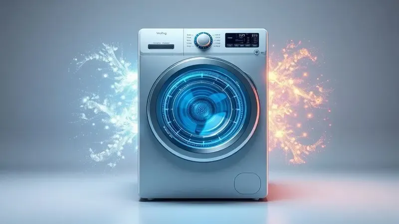 Ilustração conceitual mostrando as três funções principais de uma máquina lava e seca: lavagem, secagem e esterilização.