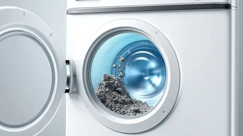 Ilustração 3D do processo de limpeza do filtro de detritos de máquina de lavar.