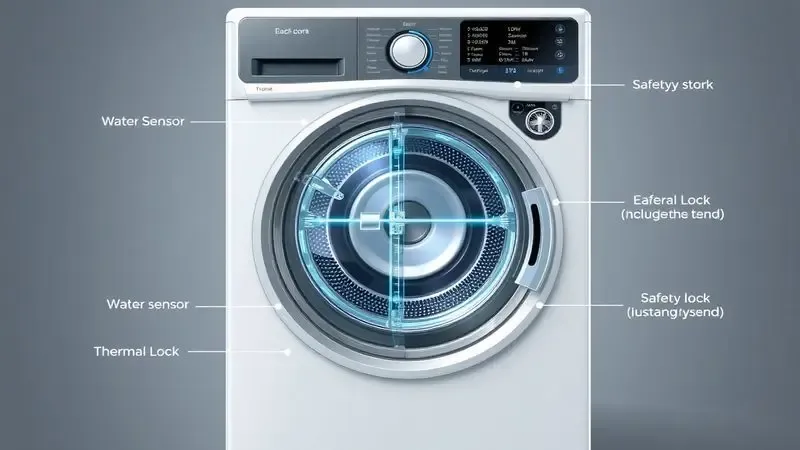 Diagrama ilustrativo dos mecanismos internos que causam o travamento da porta em lava e seca, mostrando sensores e sistema de segurança.