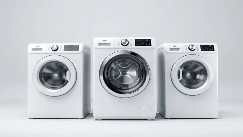 Ilustração conceitual dos diferentes modelos de lava e seca Hisense com variações de design e tamanhos