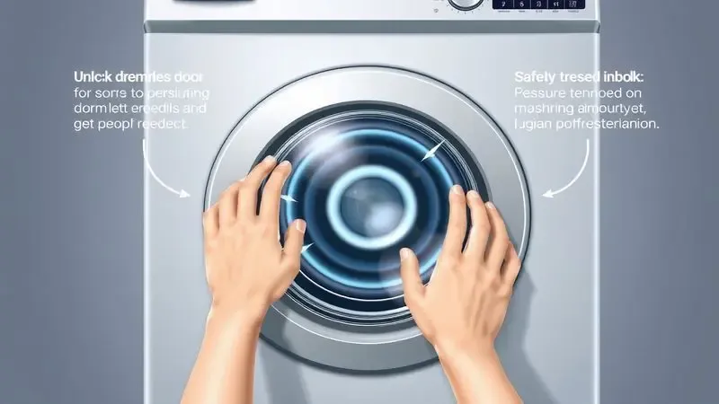 Ilustração conceitual dos passos para destravar porta de máquina de lavar com segurança